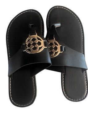 SHEIN Black Slides with Gold Medallion Accent